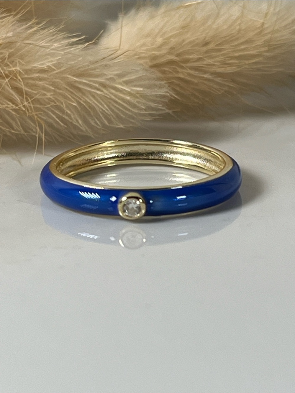 Gold Plated 925 Sterling Silver Cobalt Blue Enamel Ring Cubic Zirconia Size 8
